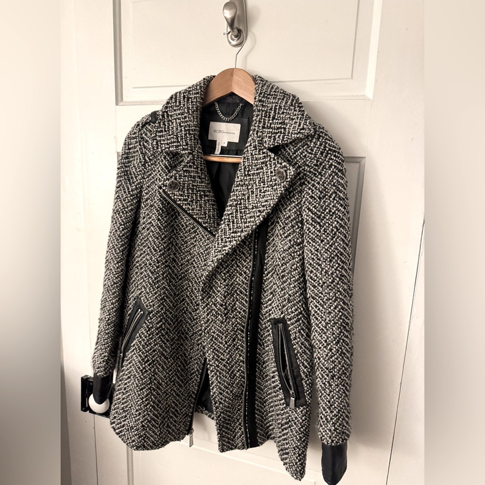 BCBGeneration Black and White Coat with Leather Trim
